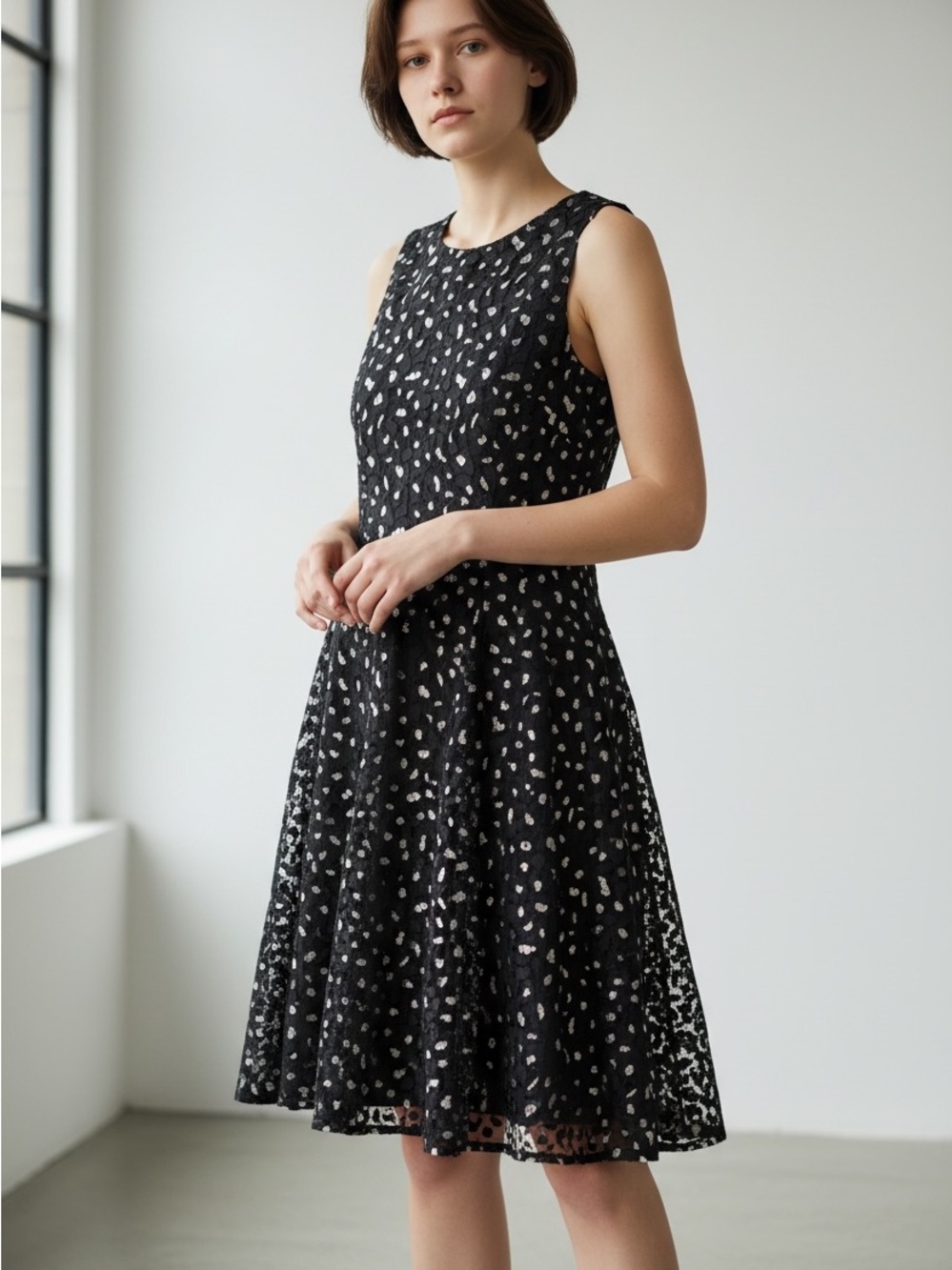 Black Sleeveless A-Line Dress with Silver Print - Size 14